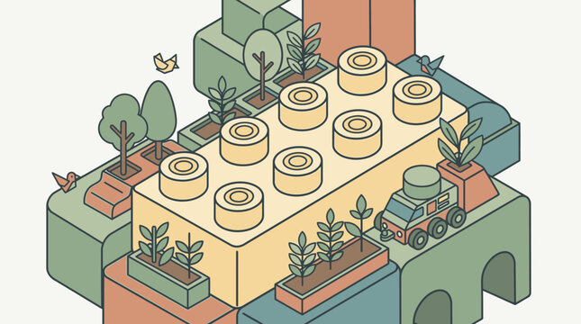 Illustration einer Stadtlandschaft aus bunten Bausteinen mit gr&uuml;nen Pflanzen und B&auml;umen, die ein nachhaltiges st&auml;dtisches &Ouml;kosystem darstellen.