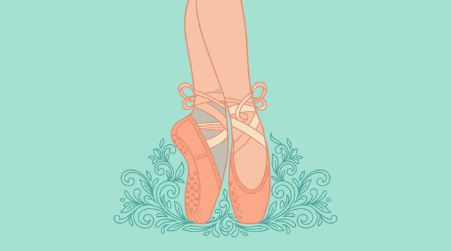 Ilustraci&oacute;n vectorial de pies de bailarina con zapatillas de punta de color rosa sobre un fondo verde menta con un elegante dise&ntilde;o de adorno floral decorativo en la base