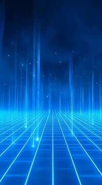 Neon blue digital grid perspective with light pillars, virtual reality environment, cyber space travel, data flow, futuristic background