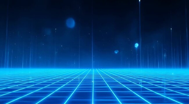 Neon blue digital grid floor with rising light particles and motion lines, cyber network, virtual reality, metaverse background