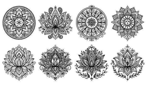 Collection of eight mandala lotus flower designs with sun and paisley ornamental patterns black and white line art coloring page