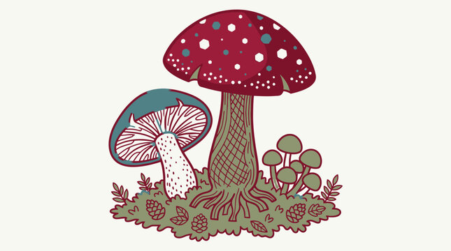 Zwei Illustrationen von Pilzen, eine mit roten und wei&szlig;en Punkten, auf einem Untergrund mit Bl&auml;ttern und Zapfen.