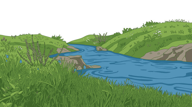 Ilustraci&oacute;n vectorial de un paisaje natural sereno con un r&iacute;o azul que fluye entre colinas verdes cubiertas de hierba y rocas, con un dise&ntilde;o plano y espacio en blanco arriba.