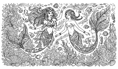 Obraz premium Two beautiful mermaids swimming underwater with coral reef fish seahorses and seashells detailed black and white line art coloring page