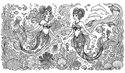 Two mermaids in magical ocean garden with dolphins turtles jellyfish and coral reef black and white line art coloring page © Abdullahall