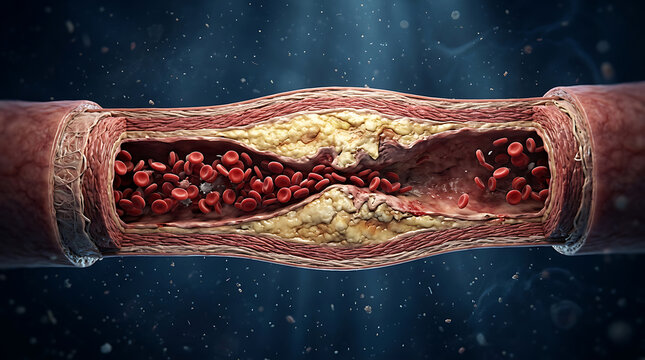 Detailed cross-section of arterial blood vessel illustrating plaque buildup and blood flow disruption