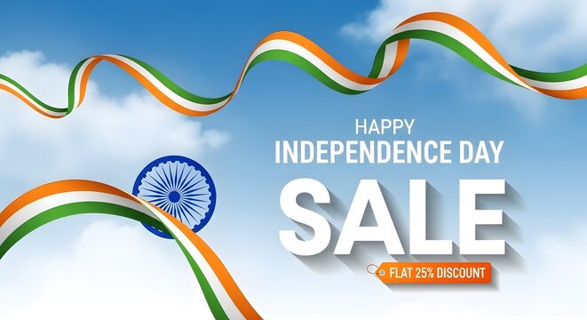 Indian independence day sale banner with ribbon and ashoka chakra