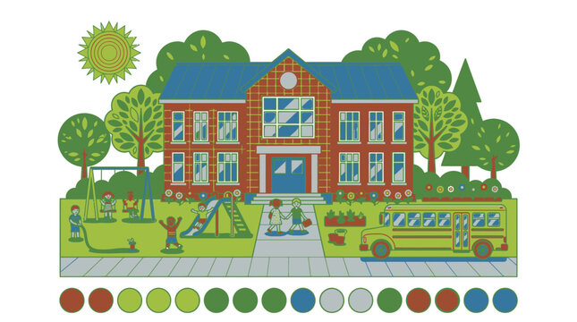 Illustration einer bunten Schule mit Spielplatz, Schulbus und Kindern, die an einem sonnigen Tag spielen.