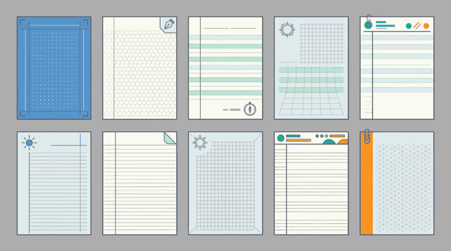 Eine Sammlung von zehn verschiedenen Vorlagen f&uuml;r Notizb&uuml;cher und Schreibpapier mit Linien, Gittern und anderen Designs auf grauem Hintergrund.
