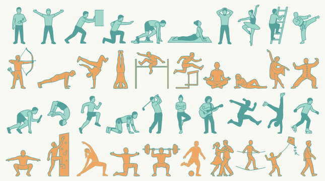 Conjunto de iconos vectoriales planos que representan diversas actividades humanas, deportes, ejercicios f&iacute;sicos y posturas recreativas en colores azul y naranja sobre fondo claro.