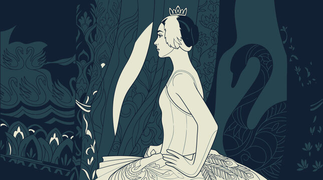 Ilustra&ccedil;&atilde;o art&iacute;stica de uma bailarina cl&aacute;ssica em perfil, vestindo uma tiara e tutu, cercada por elementos ornamentais de cisnes em um estilo gr&aacute;fico elegante e sofisticado.
