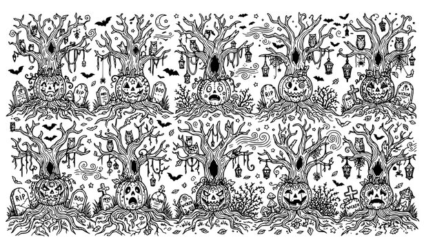 Halloween pumpkin faces on gnarled dead trees with tombstones owls bats and lanterns spooky black and white line art coloring page