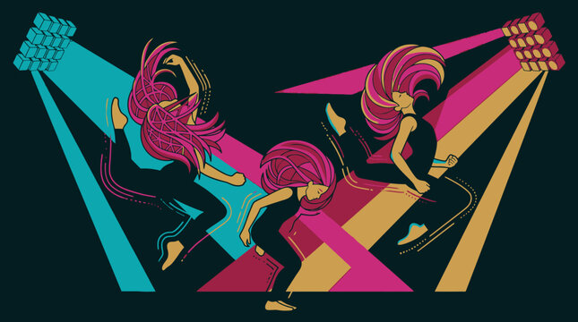 Ilustraci&oacute;n vectorial de tres bailarinas con cabello largo y rosa realizando movimientos din&aacute;micos de danza contempor&aacute;nea bajo focos de escenario brillantes sobre un fondo oscuro