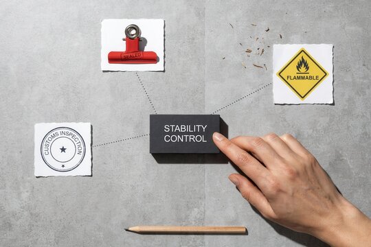 Person interacting with stability control system on gray surface with warning signs