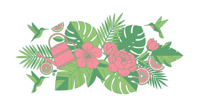 Eine farbenfrohe tropische Komposition mit exotischen Bl&auml;ttern, rosa Bl&uuml;ten, einer Gie&szlig;kanne, frischen Grapefruitscheiben und eleganten Kolibris, isoliert auf wei&szlig;em Hintergrund.