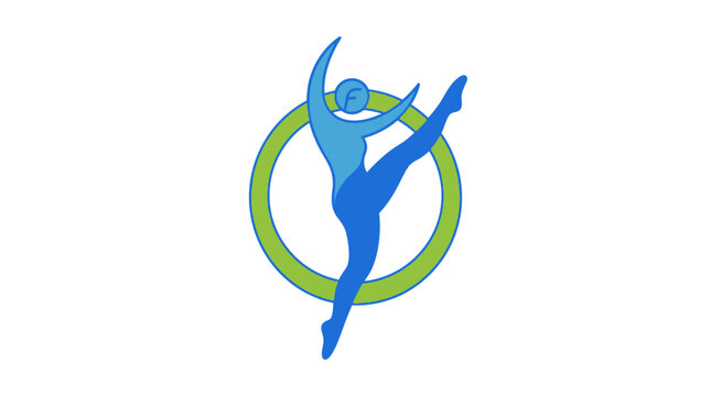 Logotipo minimalista de una figura humana estilizada saltando o bailando dentro de un c&iacute;rculo verde sobre un fondo blanco limpio, ideal para dise&ntilde;o gr&aacute;fico y marca deportiva.