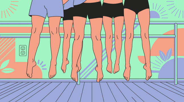 Ilustra&ccedil;&atilde;o vetorial colorida mostrando as pernas de um grupo de pessoas pulando juntas em frente a uma barra de bal&eacute;, transmitindo um sentimento de alegria, uni&atilde;o e atividade f&iacute;sica recreativa.