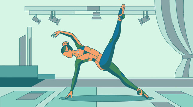 Ilustra&ccedil;&atilde;o vetorial de uma bailarina executando uma pose de dan&ccedil;a contempor&acirc;nea elegante em um palco de teatro com ilumina&ccedil;&atilde;o c&ecirc;nica e cortinas ao fundo em estilo minimalista.