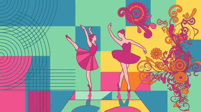 Ilustraci&oacute;n art&iacute;stica de dos bailarinas de ballet con tut&uacute;s rosas sobre un fondo geom&eacute;trico colorido y vibrante con elementos decorativos florales y abstractos de estilo moderno.