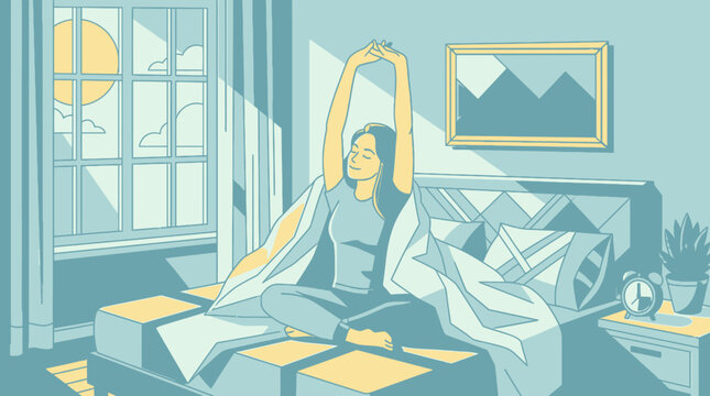 Uma jovem mulher sentada na cama ao amanhecer, espregui&ccedil;ando-se com alegria e tranquilidade em um quarto iluminado pela luz suave do sol que entra pela janela, estilo ilustra&ccedil;&atilde;o vetorial.