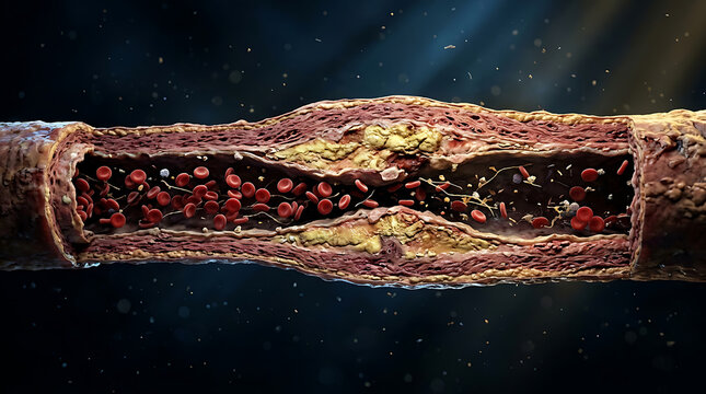 Detailed close-up of an artery with blood flow illustrating vascular structure and circulation process in human body