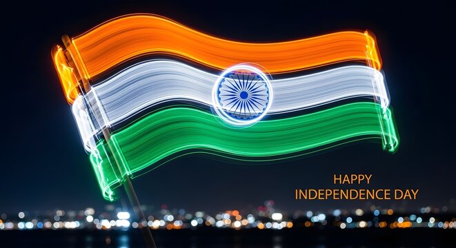 India independence day celebration illuminated tricolor flag with city lights
