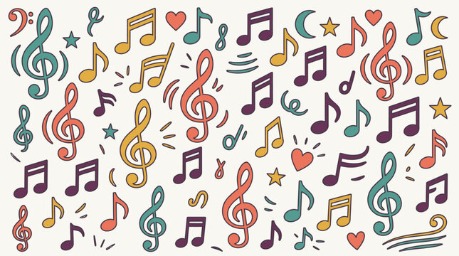 Motif de fond sans couture avec des notes de musique color&eacute;es, des cl&eacute;s de sol et des symboles d&eacute;coratifs dessin&eacute;s &agrave; la main dans un style doodle ludique et artistique