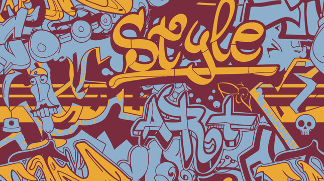 Patr&oacute;n de dise&ntilde;o urbano con arte de grafiti colorido que presenta letras estilizadas y elementos gr&aacute;ficos abstractos sobre un fondo de color burdeos vibrante