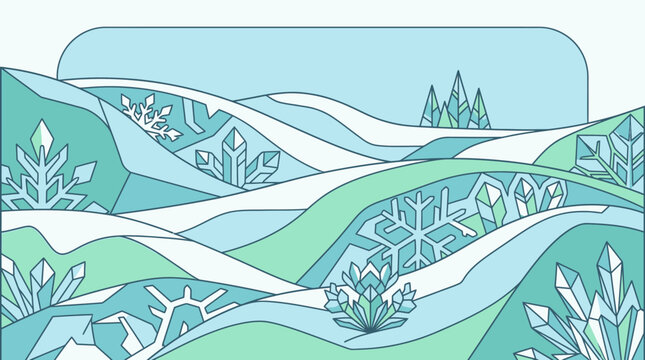 Ilustraci&oacute;n vectorial plana de un paisaje invernal estilizado con colinas nevadas, cristales de hielo geom&eacute;tricos y copos de nieve decorativos en tonos azules y verdes pastel
