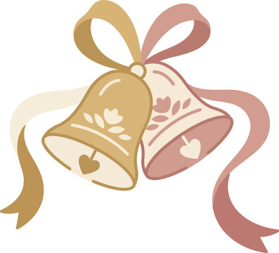 Wedding bells with pink and gold ribbons for marriage celebration and romantic invitation card decoration isolated on transparent background.