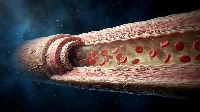 Detailed Cross-Section of an Artery Showing Blood Flow and Vessel Structure in a Biological Illustration