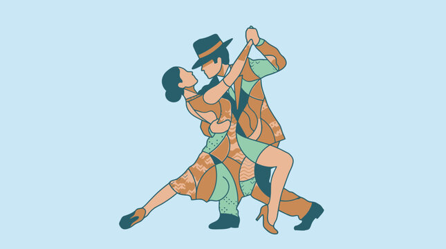 Ilustra&ccedil;&atilde;o vetorial de um casal dan&ccedil;ando tango com eleg&acirc;ncia, vestindo roupas formais e chap&eacute;u, capturando um momento de paix&atilde;o e movimento art&iacute;stico em um fundo azul claro minimalista.