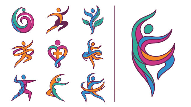 Eine Sammlung von farbenfrohen, stilisierten menschlichen Figuren, die Bewegung, Gesundheit und Gemeinschaft in abstrakten Formen darstellen, ideal f&uuml;r Logos und Design.