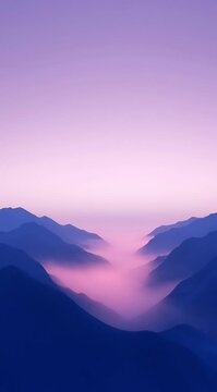 Purple mountain range silhouettes during twilight with thick valley fog, serene nature landscape, tranquil atmosphere, travel destination background