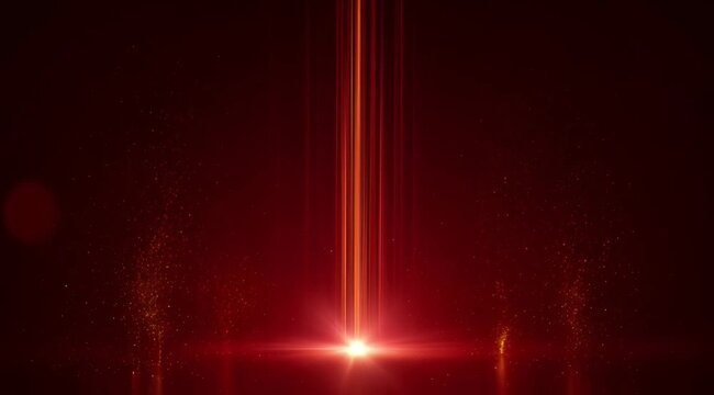 Red light beam with glowing golden particles rising in dark atmosphere, abstract stage effect for presentations, digital celebration, motion background