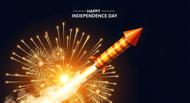 Fiery rocket launch with golden fireworks display for independence day celebration