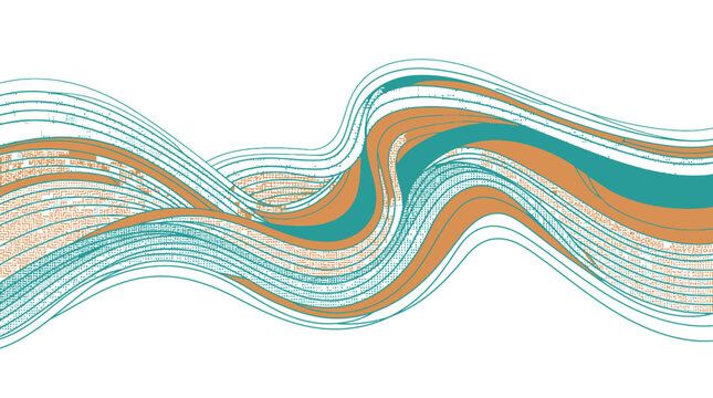 Fundo abstrato com linhas onduladas fluidas em tons de azul-petr&oacute;leo e marrom, criando um padr&atilde;o din&acirc;mico e elegante de movimento sobre um fundo branco isolado para design gr&aacute;fico.