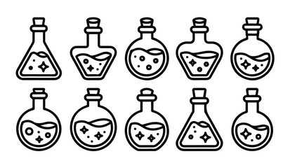 Set of magic potion bottles with bubbles and stars for fantasy games. © VANU