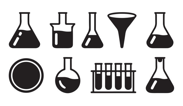 Chemistry laboratory tools and science equipment set vector icons.