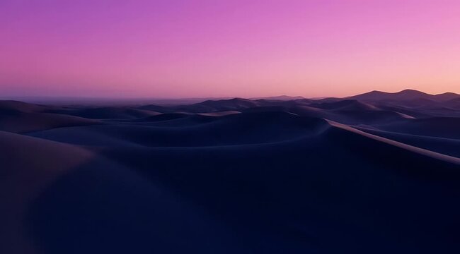 Vast sand dunes landscape under a vibrant purple sunset sky, serene desert horizon, travel, adventure, nature, solitude, exploration
