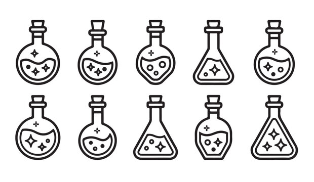 Magical potion bottles and vials with glitter and stars for fantasy.