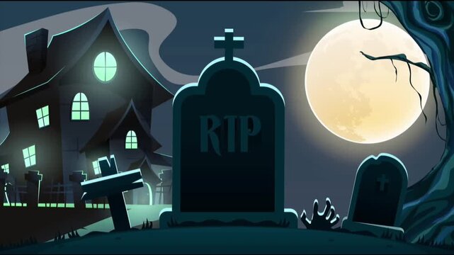 Spooky Halloween Haunted House Cemetery Moon Night Animation Loop