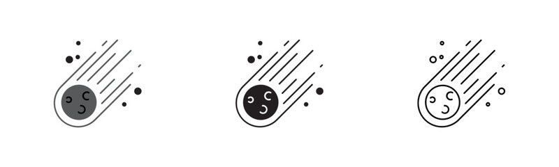 Meteor icon set. Falling asteroid and comet symbol. Space debris and universe concepts. Cosmic impact indicators. Astronomy science icons. © AAK Designs