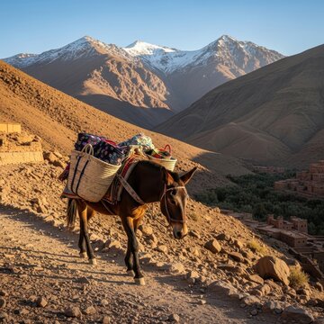 Pack mule on a rugged mountain trail at sunset.
