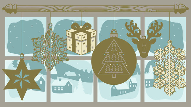 Ilustra&ccedil;&atilde;o vetorial de enfeites de Natal pendurados em uma janela com vista para uma paisagem de inverno nevada, incluindo flocos de neve, presente, rena e &aacute;rvore de Natal.
