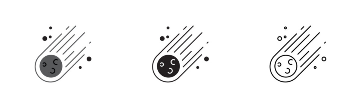 Meteor icon set. Falling asteroid and comet symbol. Space debris and universe concepts. Cosmic impact indicators. Astronomy science icons.