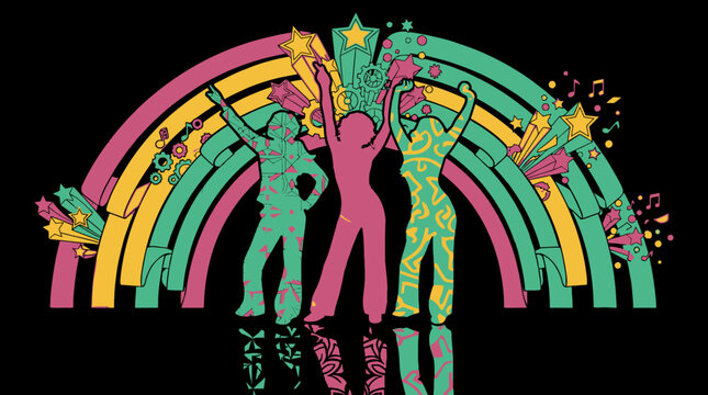 Drei tanzende Silhouetten vor einem bunten Regenbogen mit Sternen und Musiknoten, die Freude und Feierlichkeit ausstrahlen.