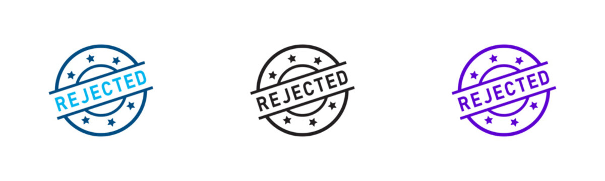 Rejected stamp icon set. Denied or declined circular rubber stamp. Verification failure concepts. Quality control status indicators. Disapproved document symbols.