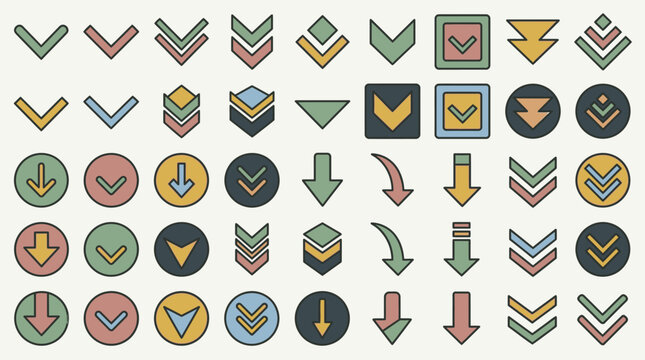 Ensemble complet d'ic&ocirc;nes de fl&egrave;ches pointant vers le bas avec des styles vari&eacute;s, des formes g&eacute;om&eacute;triques et des couleurs pastel pour la conception d'interfaces utilisateur et le web design.