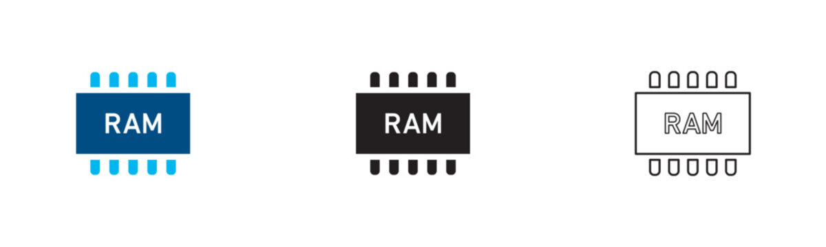 RAM memory icon set. Computer hardware chip. Random access memory module concepts. System hardware indicators. Digital data storage symbols.